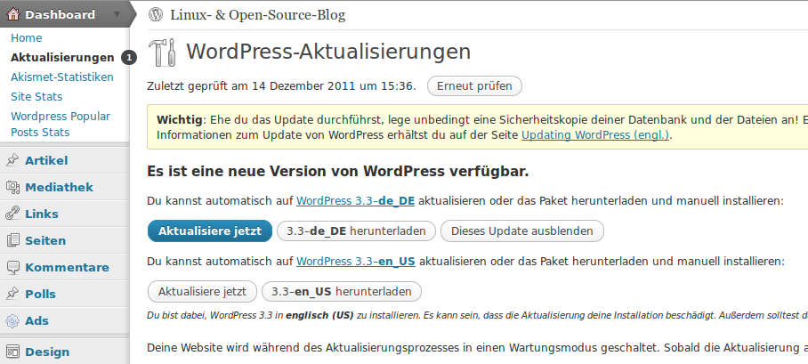 Update auf Wordpress 3.3