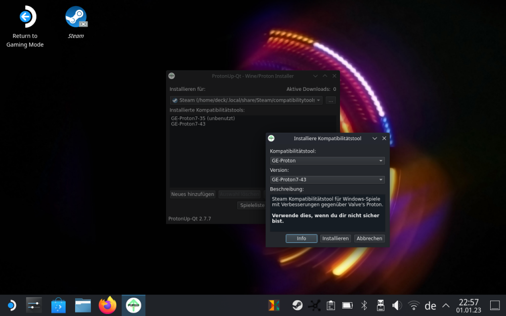 ProtonUp-Qt läuft auf dem Linux-Desktop des Steam Decks