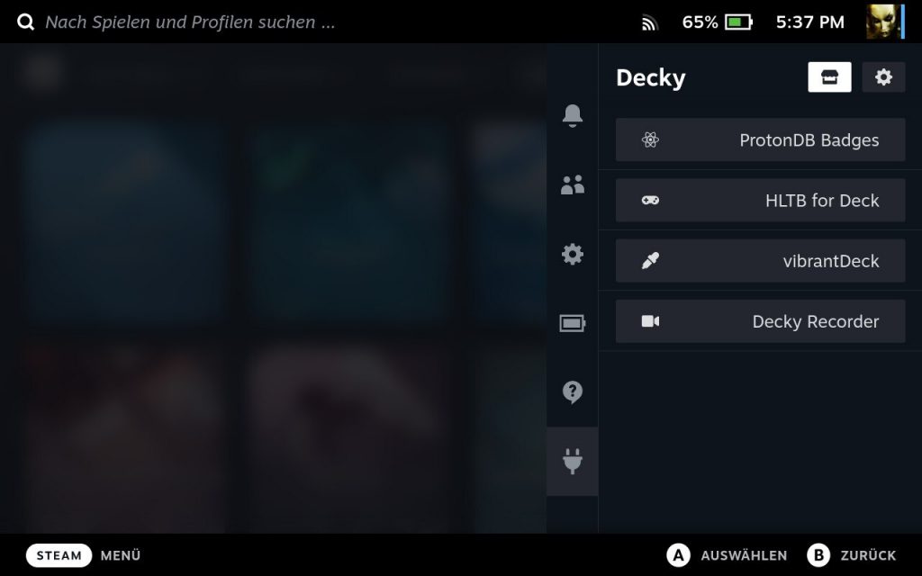 Screenshot der Decky-Loader-Seitenleiste auf dem Steam Deck