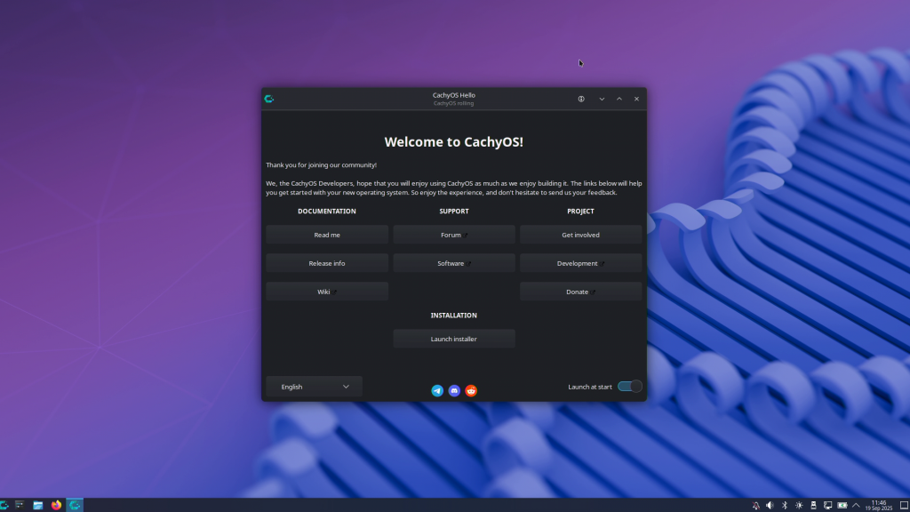 Screenshot des CachyOS-Livesystems mit Hello-Dialog