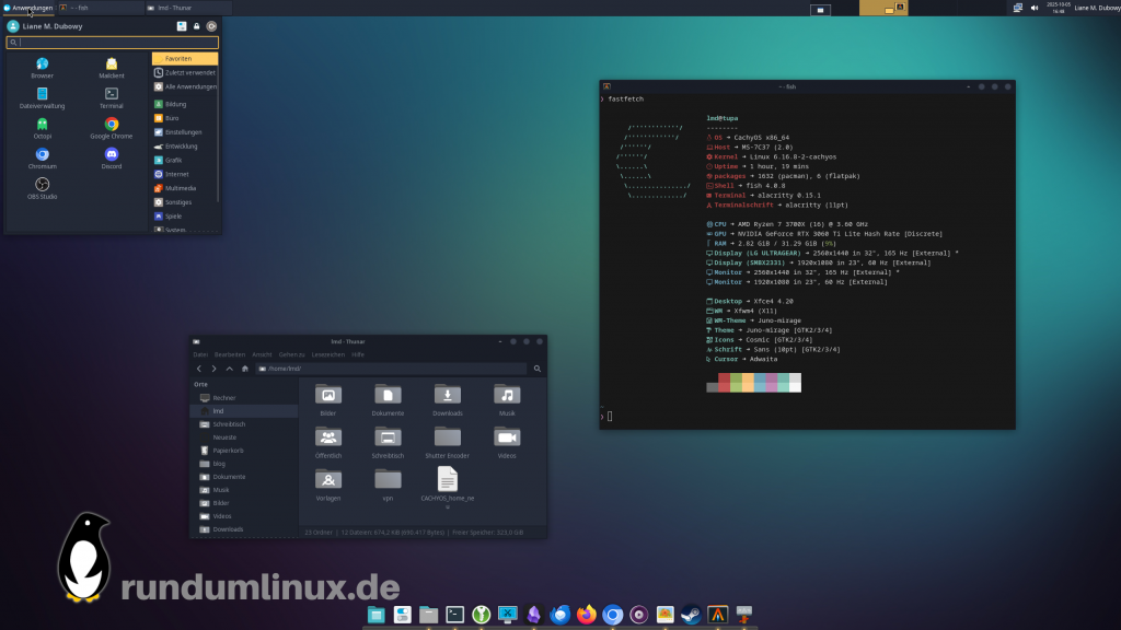 Desktop-Screenshot von XFCE mit geöffnetem Whiskermenü, einer fastfetch-Anzeige im Terminal und dem Dateimanager Nemo.