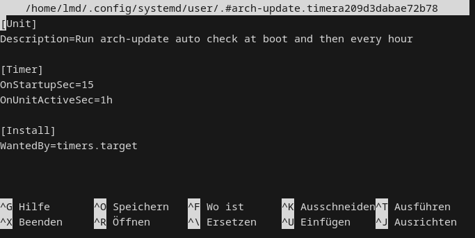 Die Konfigurationsdatei der Systemd-Unit, die das Prüfintervall des Cachy-Updaters festlegt im Nano-Texteditor.
