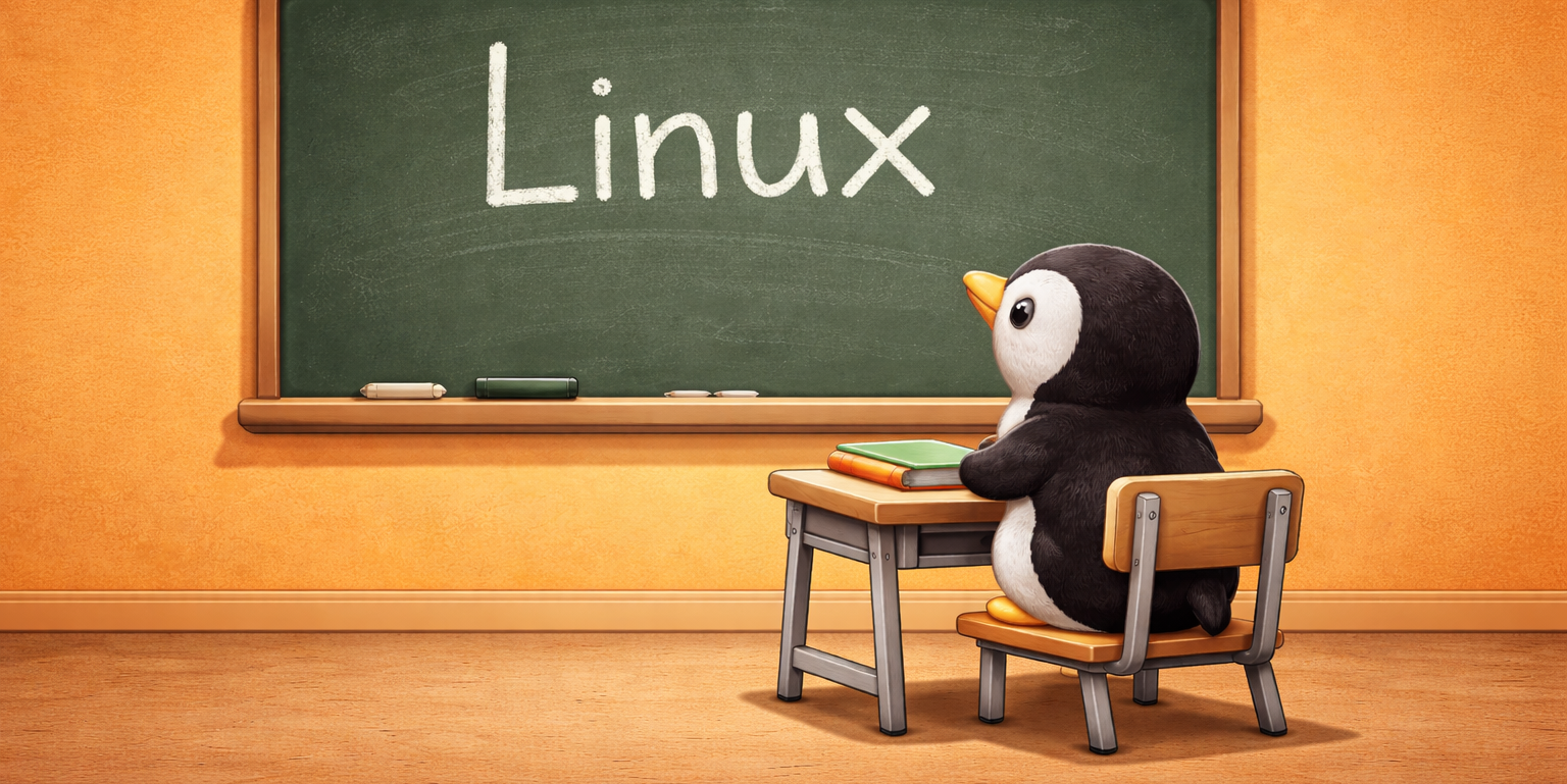 Pinguin sitzt an einer Schulbank und schaut auf eine Tafel, auf der steht "Linux".
