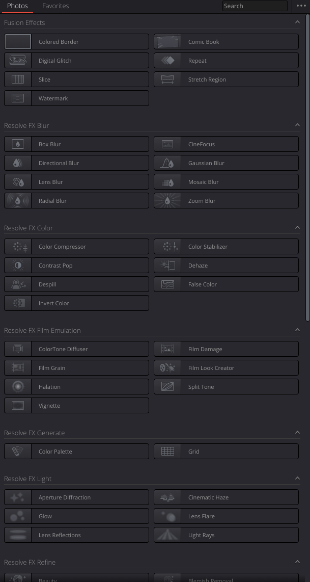 Die Liste mit den Effekten in Davinci Resolve