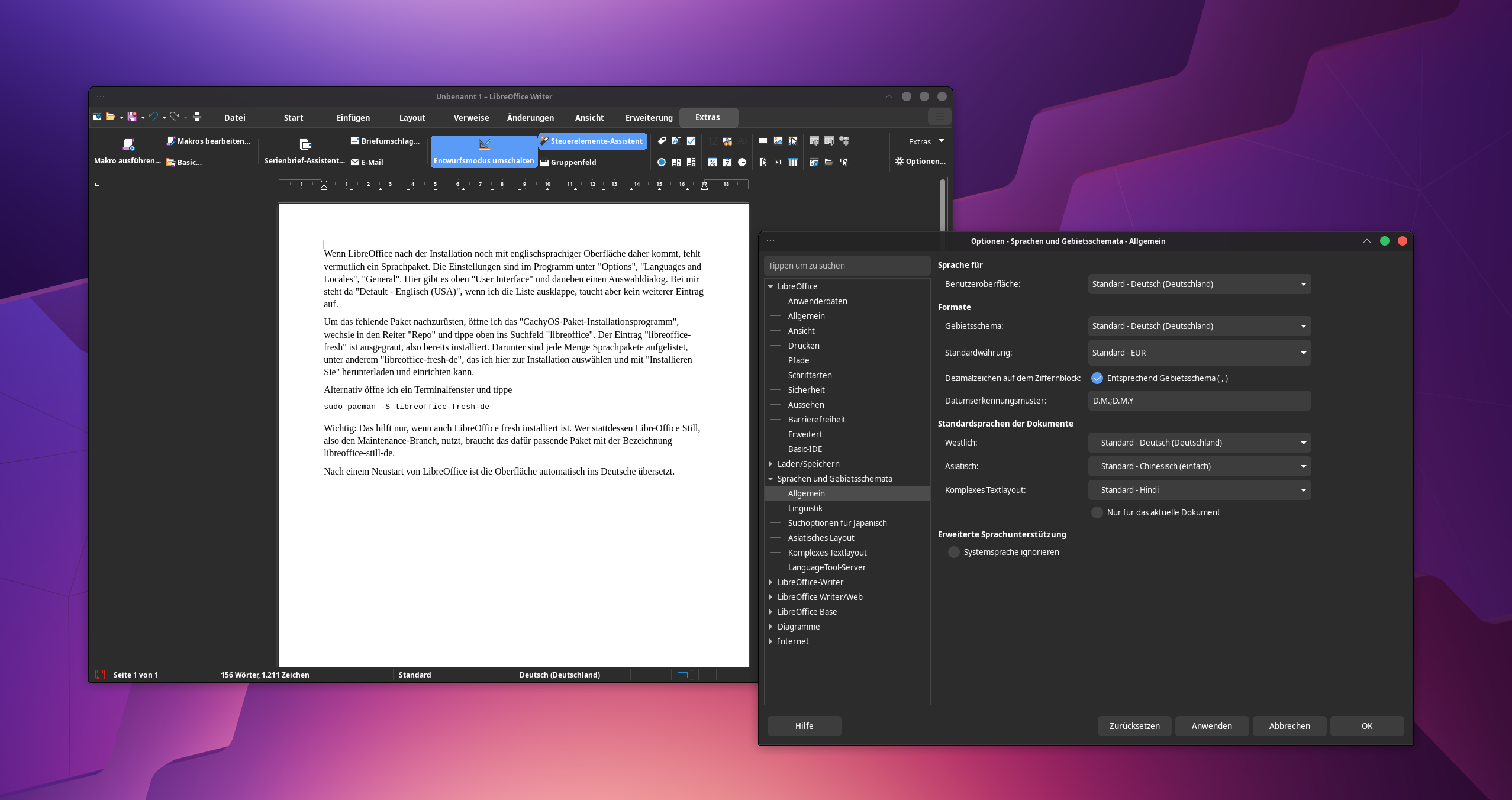 Linux-Desktop mit LibreOffice-Fenster und einem Terrminalfenster, das die Ausgabe des Befehls "sudo pacman -S libreoffice-fresh-de" zeigt.