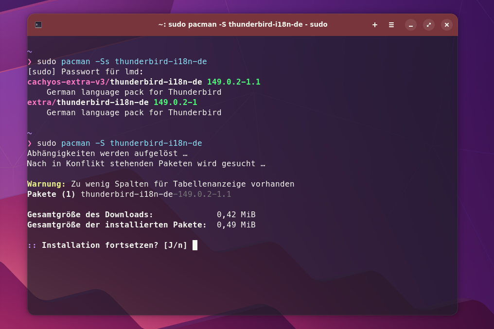 Screenshot eines Terminalfensters, das zuerst nach dem Paket "thunderbird-i18n-de" in den Paketquellen sucht und es dann mit pacman installiert.