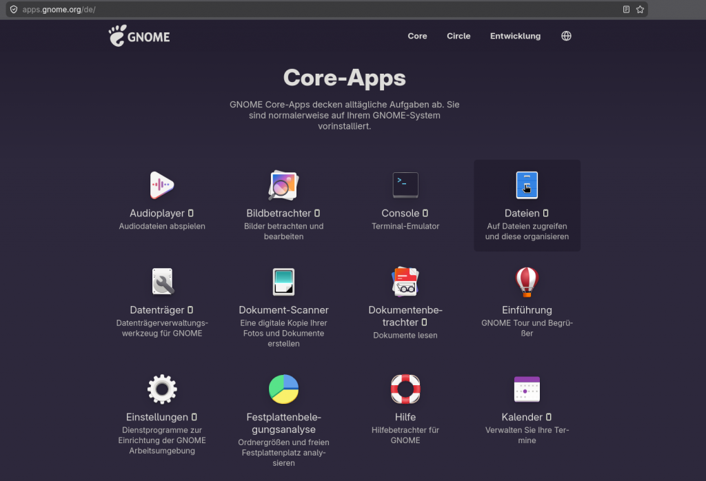 Screenshot der Website apps.gnome.org, die Gnome-Anwendungen auflistet.