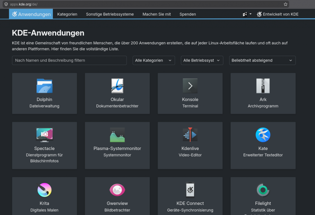Screenshot der Website apps.kde.org mit Kästen für einzelne KDE-Anwendungen.