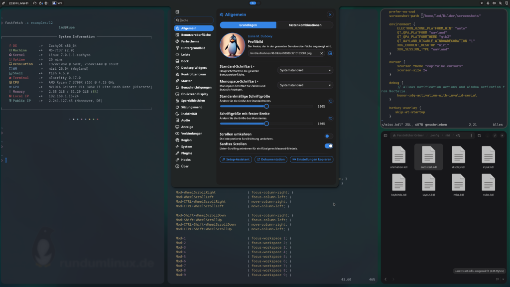 Niri-Desktop mit Noctalia-Shell. Geöffnet ist der Noctalia-Einstellungsdialog.