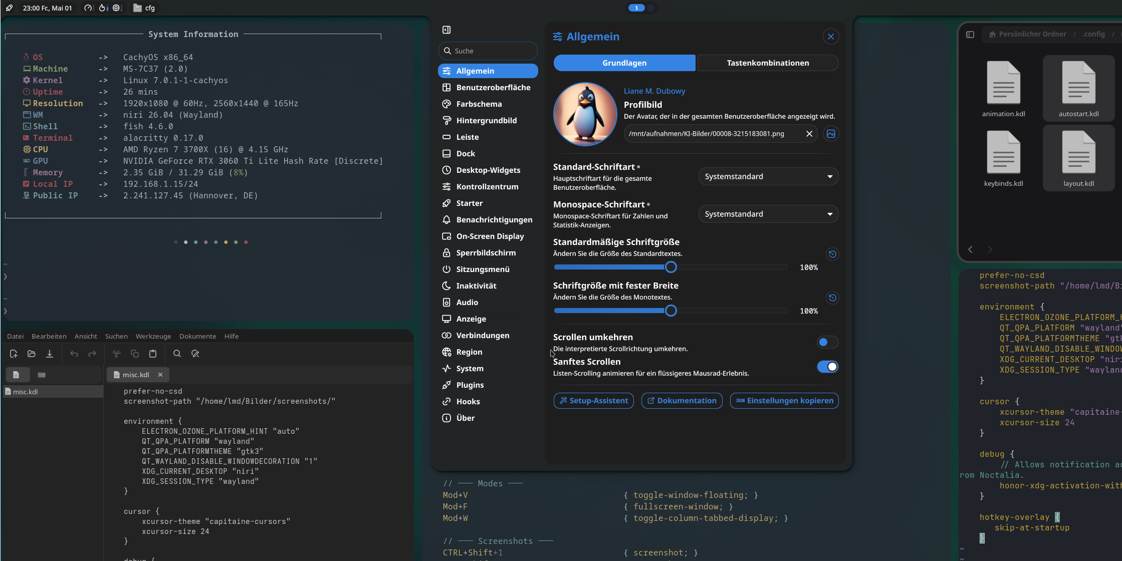 Niri-Desktop mit Noctalia Shell, geöffnet sind die Noctalia-Einstellungen.