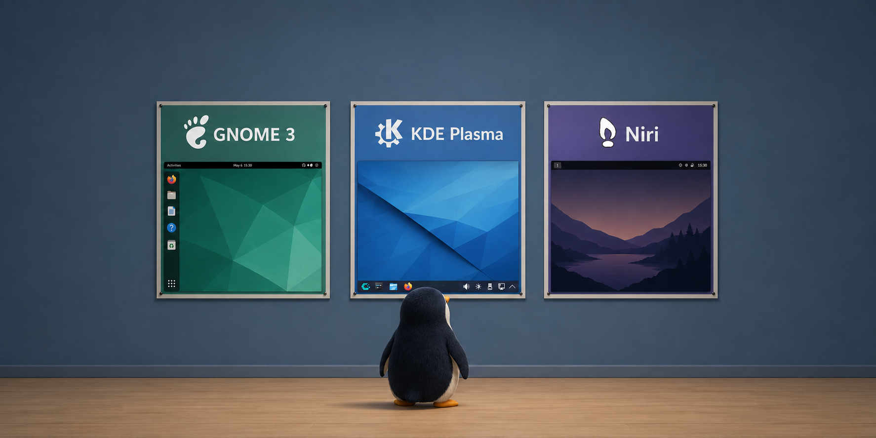 Illustration, die einen Pinguin zeigt, der auf eine Wand schaut, an der drei Bilder hängen, auf denen Gnome, KDE Plasma und Niri zu sehen sind.