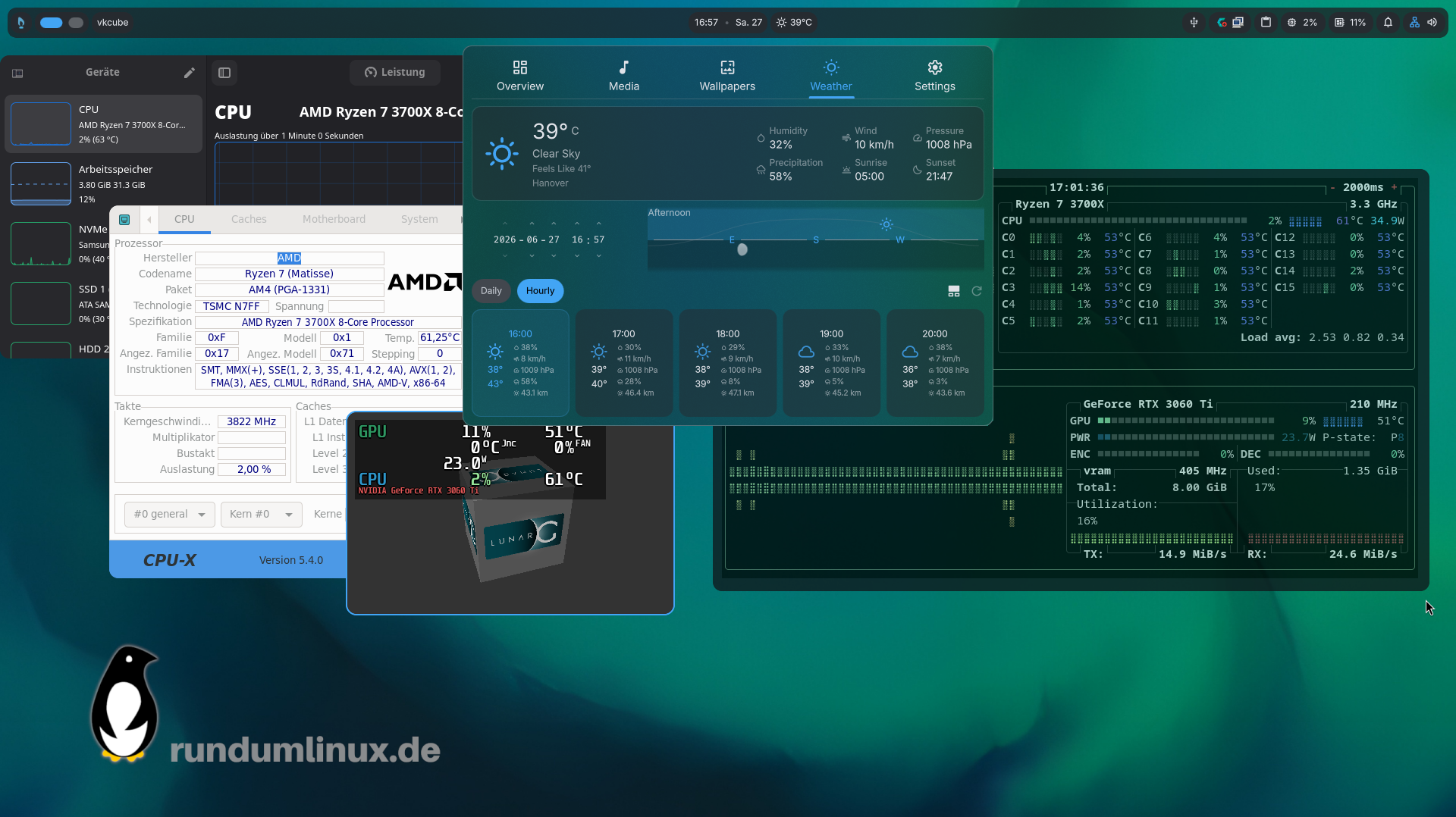 Linux-Desktop mit mehreren Tools zur Anzeige der Temperatur von GPU und CPU sowie der Anzeige der Außentemperatur.