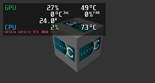 vkcube mit einem MangoHud-Overlay, das für die GPU 27% Auslastung und 49 Grad Celsius und für die CPU 2% Auslastung und 73 Grad Celsius zeigt.