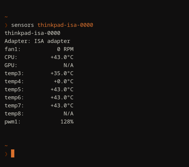 Die Ausgabe von sensors mit der Temperatur des Prozessors.