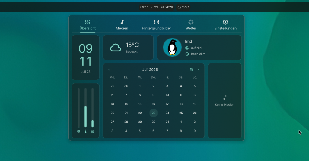 Dashboard unterhalb der oberen Bildschirmleiste mit Datum, Wetter, Benutzerinneninfos, Performancebalken, Kalender und Mediensteuerung. Außerdem die Buttons Übersicht, Medien, Hintergrundbilder, Wetter und Einstellungen.