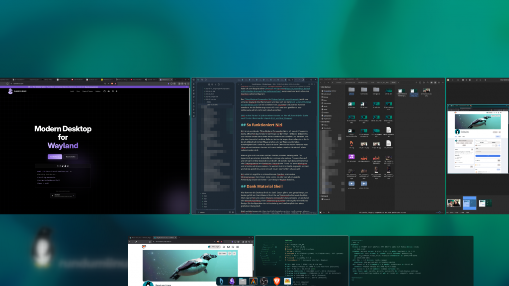 Die Niri-Overview mit zwei Arbeitsflächen, auf denen Browserfenster, Obsidianfenster, Dateimanager und Terminals angeordnet sind.
