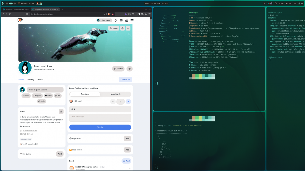 Ein Browserfenster, das die Rund-um-Linux-Ko-Fi-Spendenseite zeigt, daneben in Niri drei weitere Terminalfenster, die demonstrieren, wie Fenster nebeneinander, aber auch übereinander liegen können.