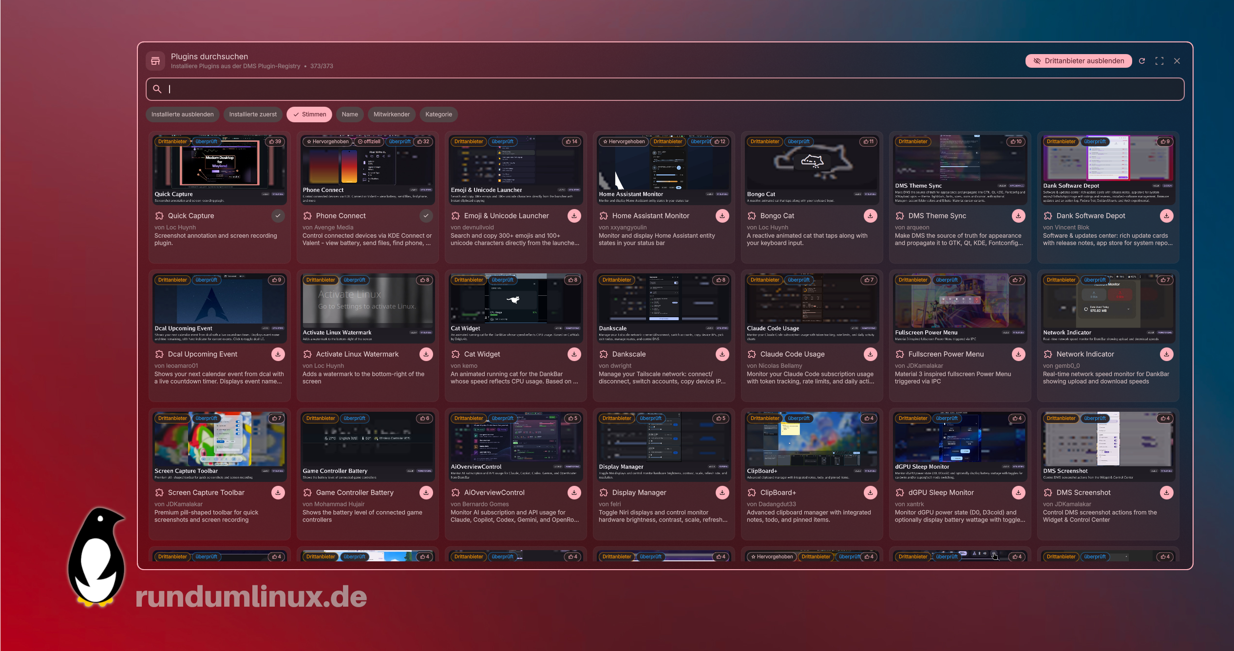 Fenster mit dem DMS-Plugin-Verzeichnis und 21 Plugins in der Übersicht.