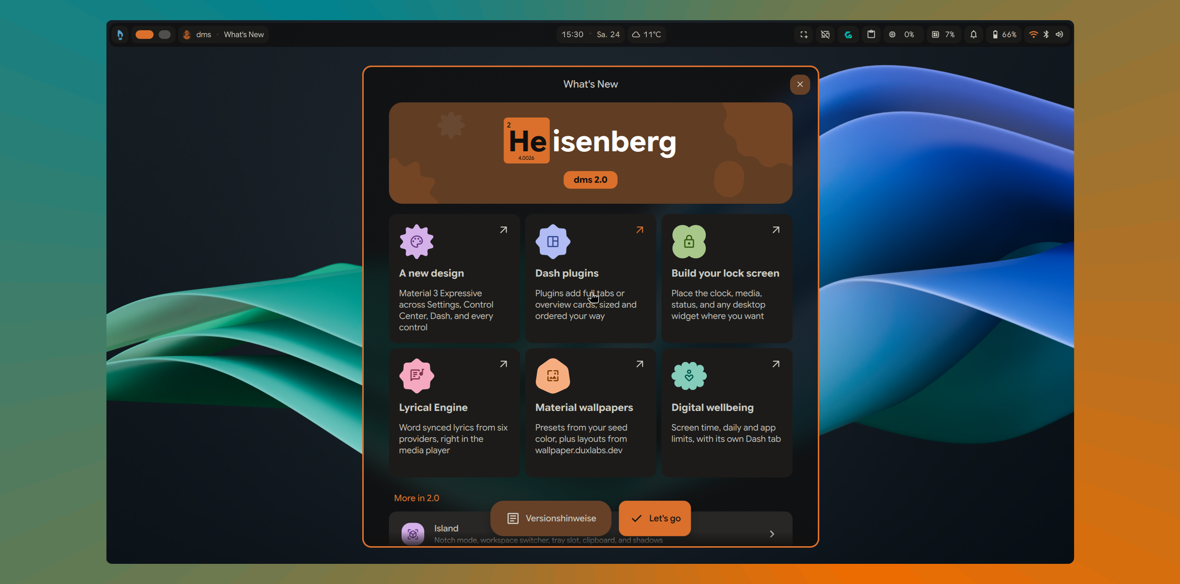Screenshot des DMS-Desktop mit geöffnetem Fenster, das DMS 2.0 Heisenberg ankündigt.